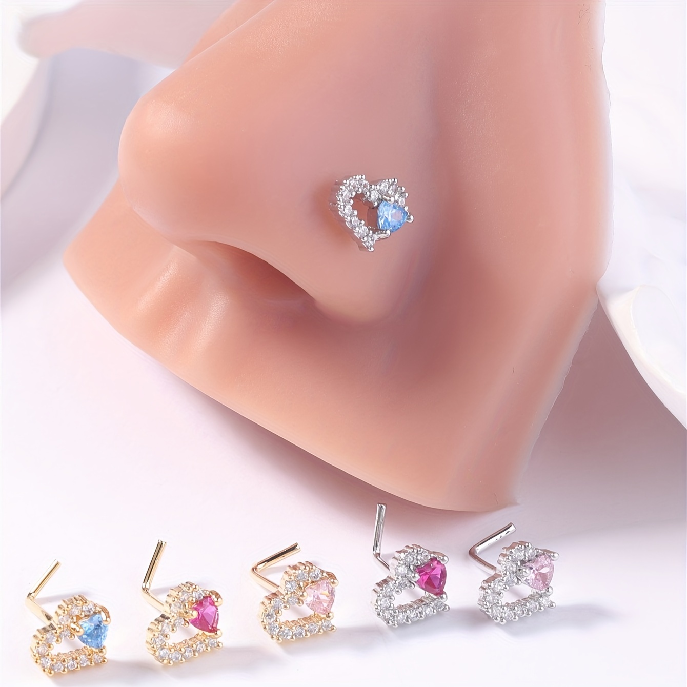 

1pc Elegant & Cute Style L-shaped Nose Ring Stud, Cubic Zirconia Heart-shaped Piercing Faux Jewelry For Women And Men