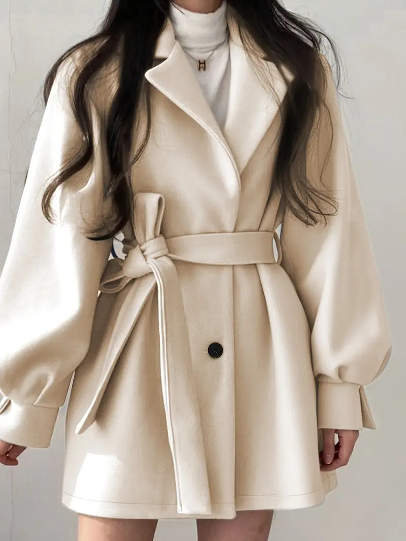 manteau d hiver beige pour femme - à col avec ceinture, manches courtes et structure rigide. col lavable machine idéal pour bureau, décontracté ou (automne/hiver) Détails du produit 4