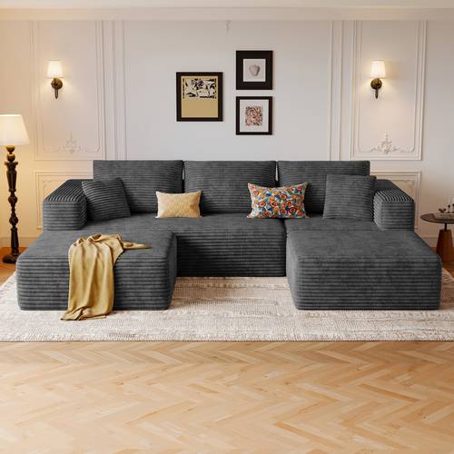 Deep Seat U-Shaped , Cloud Corduroy Boneless Couch with Memory Foam, 3-Seater Living Room Sofa with 2 Footrests