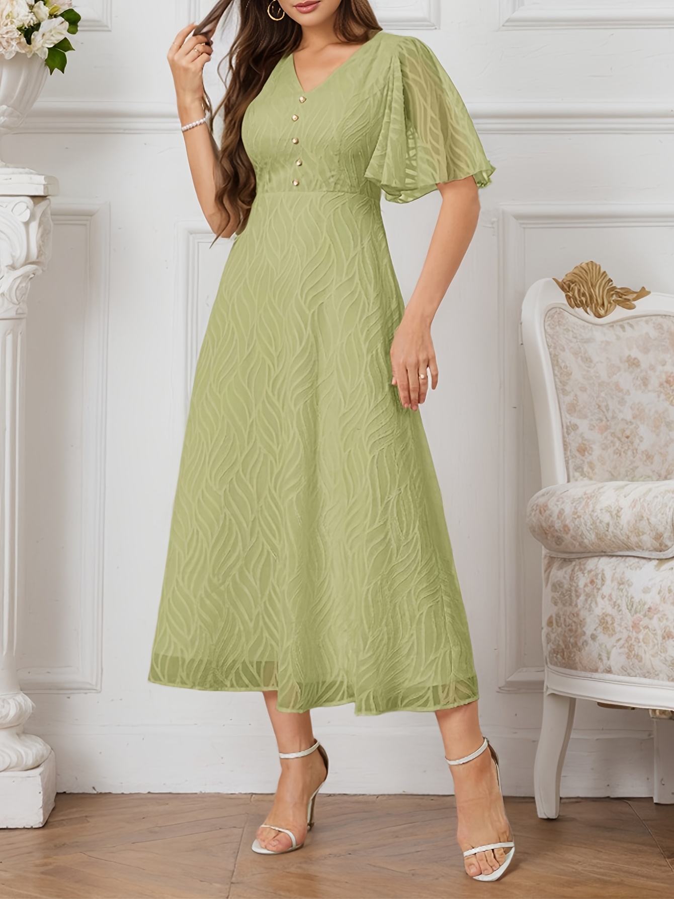 Womens Sage Green A Line Midi Dress with Flutter Sleeves