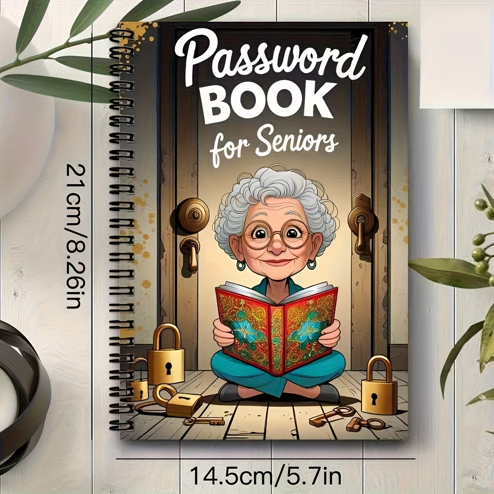 TEMU A Cartoon Spiral Password Book Suitable For Seniors - A 70-page Locked Design Notebook Featuring Artwork Of Elderly People, A Secure Organizer