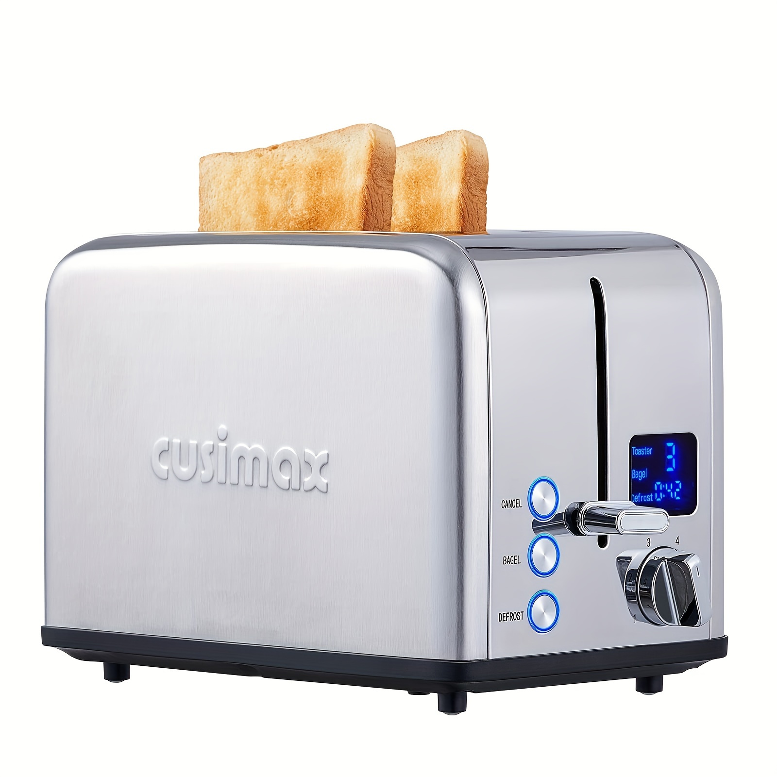 

Cusimax Brushed Stainless Steel 2 Slice Toaster With Large Led Display, Extra Wide Slots & Removable Crumb Tray, 6 Browning Settings, /bagel/