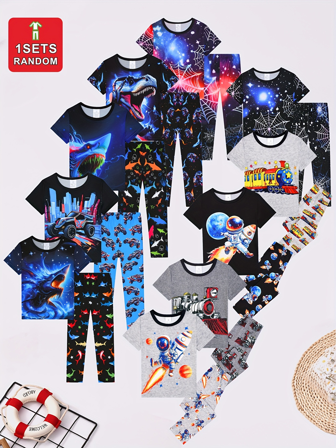 popular boys pajama loungewear set random 2pcs set short sleeve top and long pants dinosaur loving music with headphones   soft and comfortable