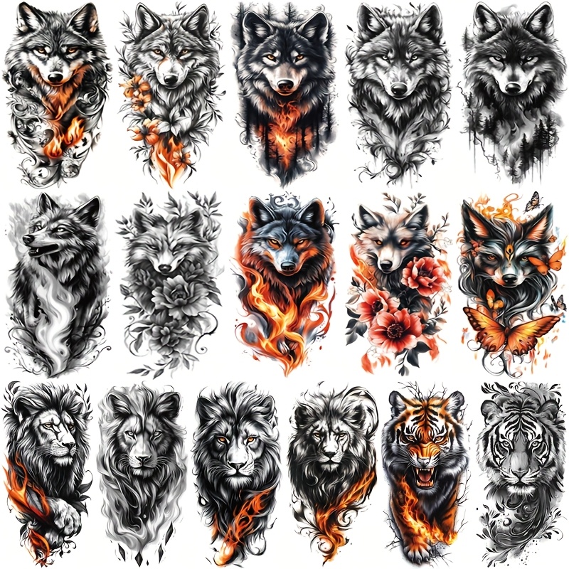 Image of 16 Stunning And Realistic Temporary Tattoos Of Tribal Wolves, , And Tigers For Men And Women, Suitable For And Full Body Art, Perfect For Festivals, Parties, Weddings, And Long-lasting Without Shine