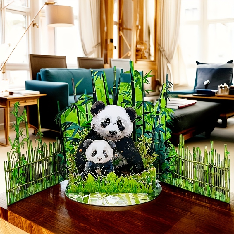 TEMU 1pc Panda 3d Pop-up Greeting Card, Bamboo Fence Enclosure Design, Paper Craft, Ideal For Desktop Display Decoration, Perfect Gift For Birthdays,