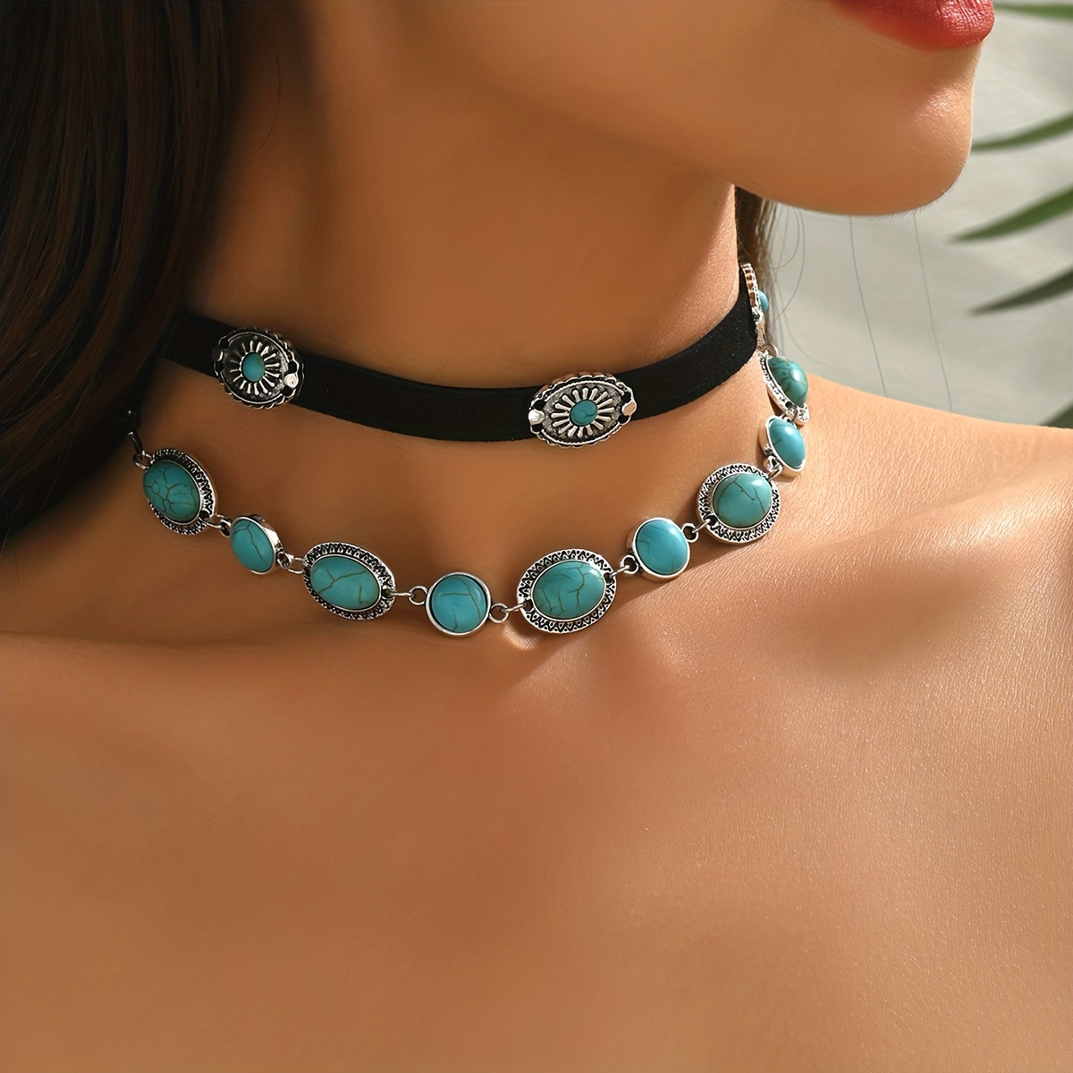 TEMU A Stylish And Turquoise Bead Choker Necklace In A 2pcs Western Cowboy Design, And Trendy, Everyday Use And Social Gatherings