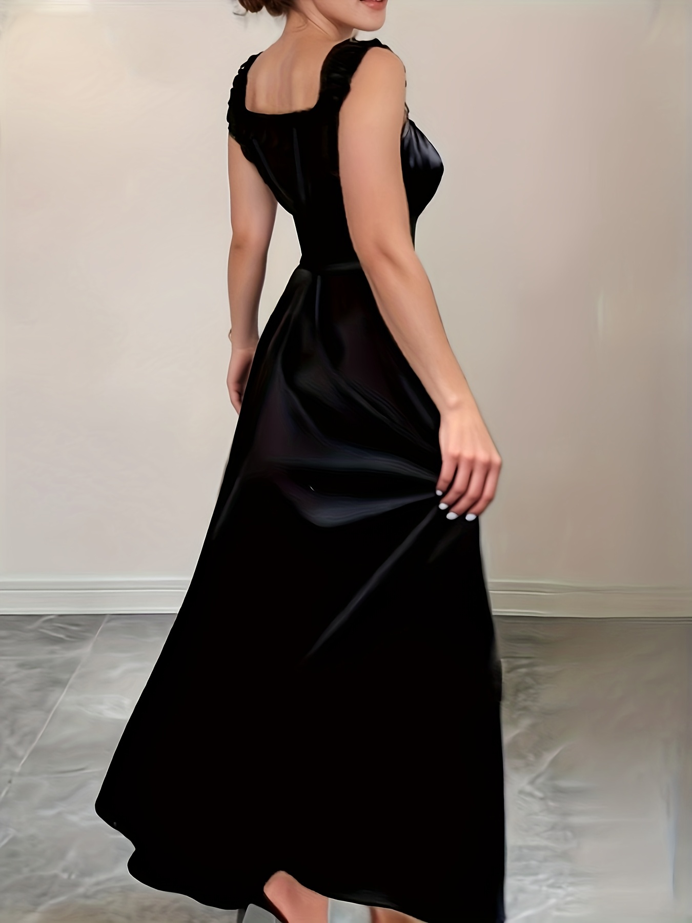 black satin square neck maxi party dress