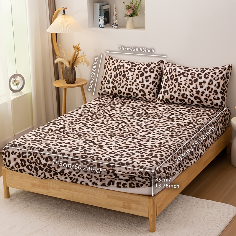 TEMU 3pcs Leopard Print Fitted Sheet Set, Leopard Pattern, Soft And Comfortable, Polyester Microfiber Fabric, Suitable For , For Bedrooms, Guest