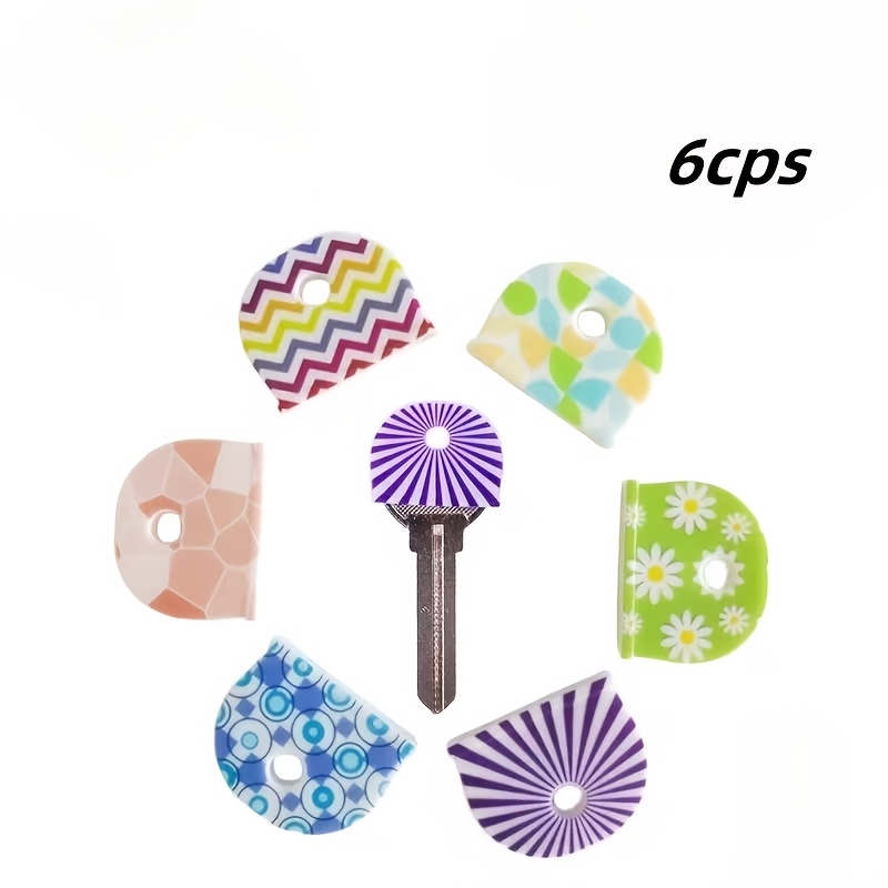 TEMU 6 pezzi di copritasti per chiavi in - Copritasti colorati con motivi casuali con linee, fiori e circolari. Identificatori di chiavi flessibili