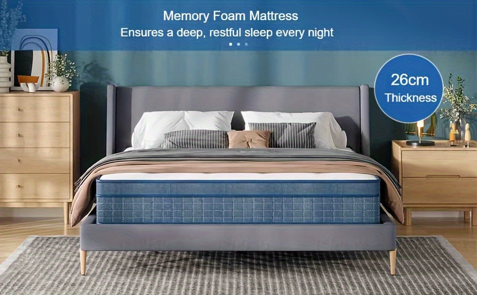 Single Mattress with Independent Spring, 26cm Medium Hardness Memory Foam Blend, Sports Isolation, Blue and White