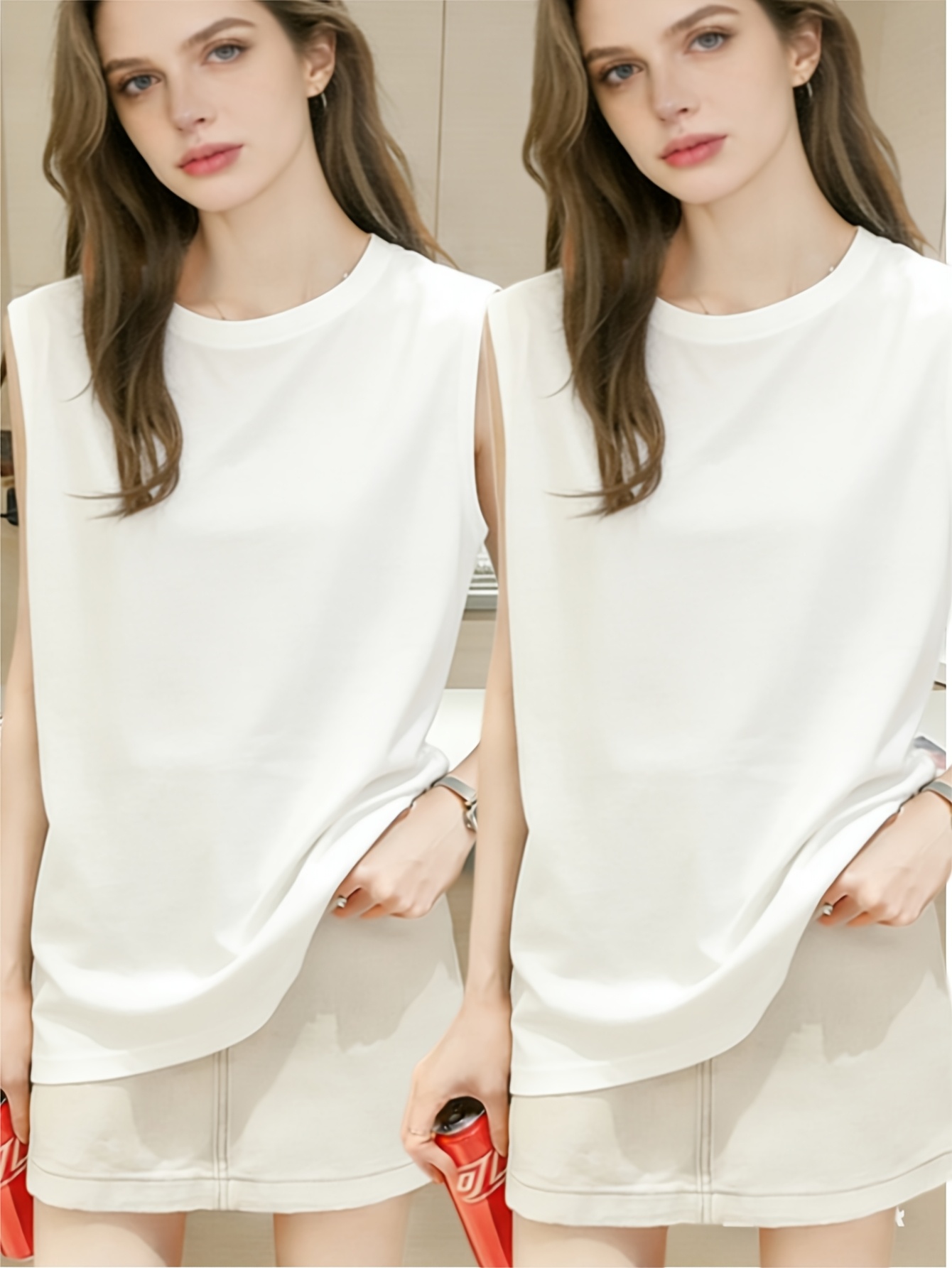 2pcs summer outerwear sleeveless t shirt womens tank top wide shoulder frayed hem   crew neck   layer top