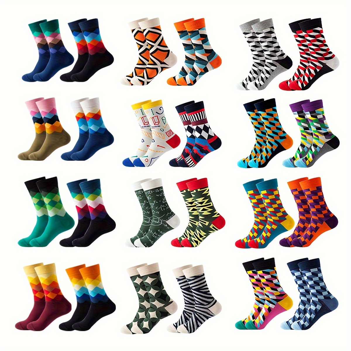 

8 Or 12 Pairs Of Men's Cotton Blend Fashion Cute Pattern Crew Socks, Comfy Breathable Socks For Daily Wearing