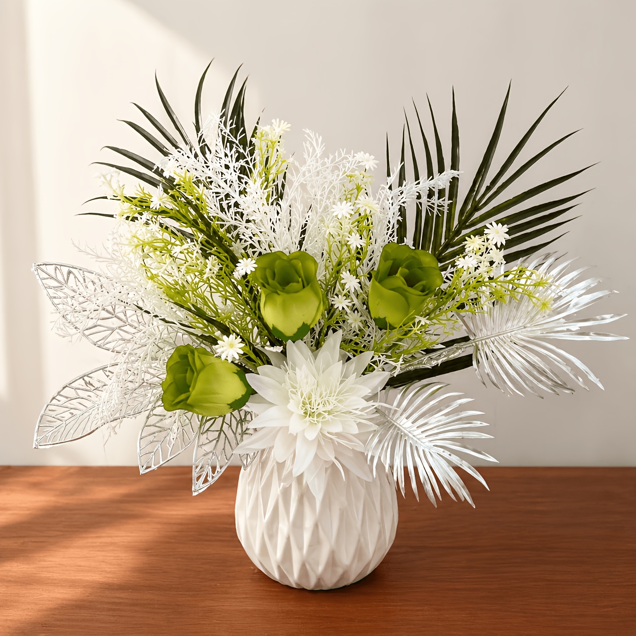 Image of Green White Faux Rose Bouquet, Leaf Artificial Floral Arrangement, Living Room Dining Table Decor Fake Flowers, Home Soft Decoration Ambiance Ornaments, For Holiday Gifting
