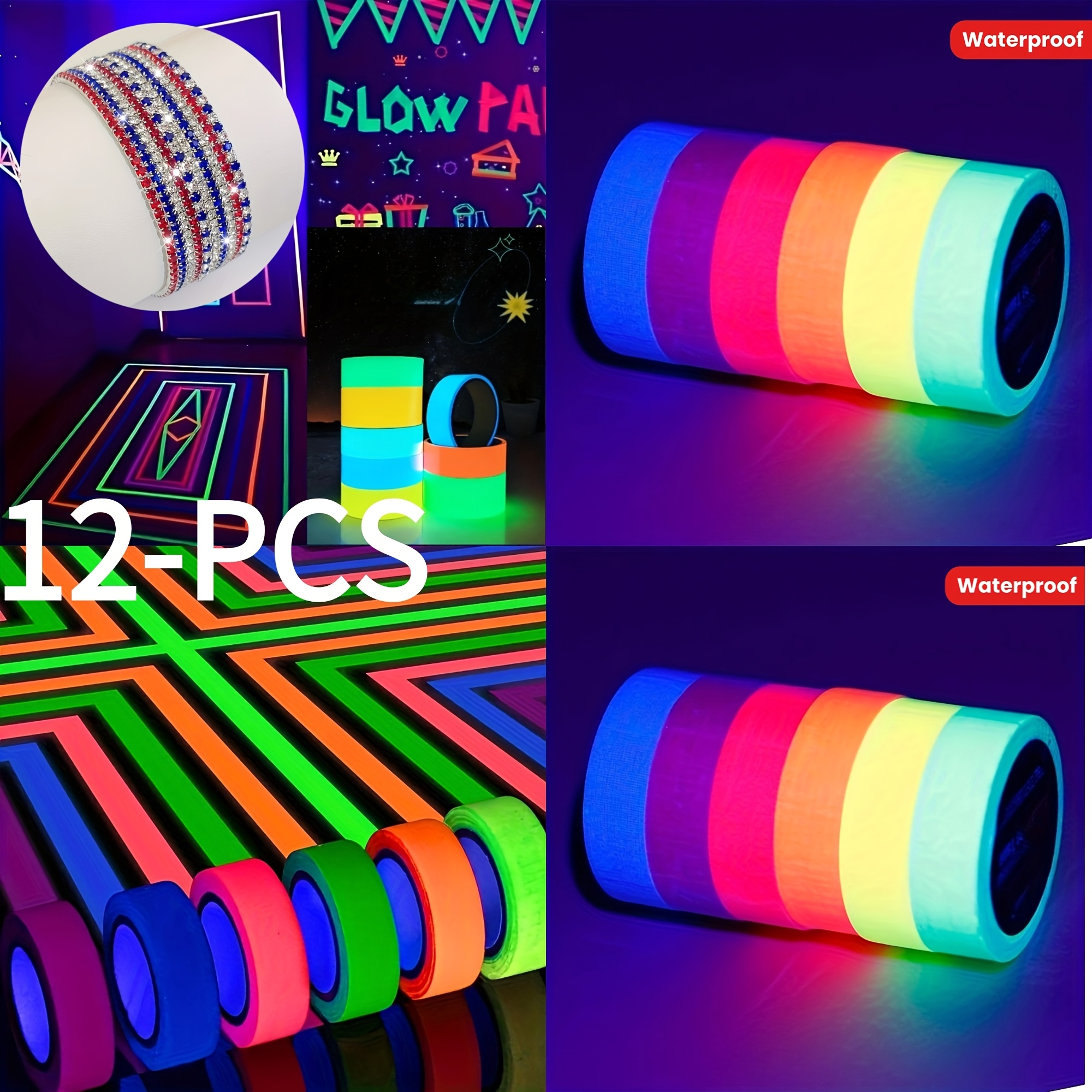 TEMU 12pcs 6 Colors Neon With Bracelet Combo Set, Uv Reactive Fluorescent Reflective Safety Warning Tape For Stage Decor, Stairs, Halloween Parties &