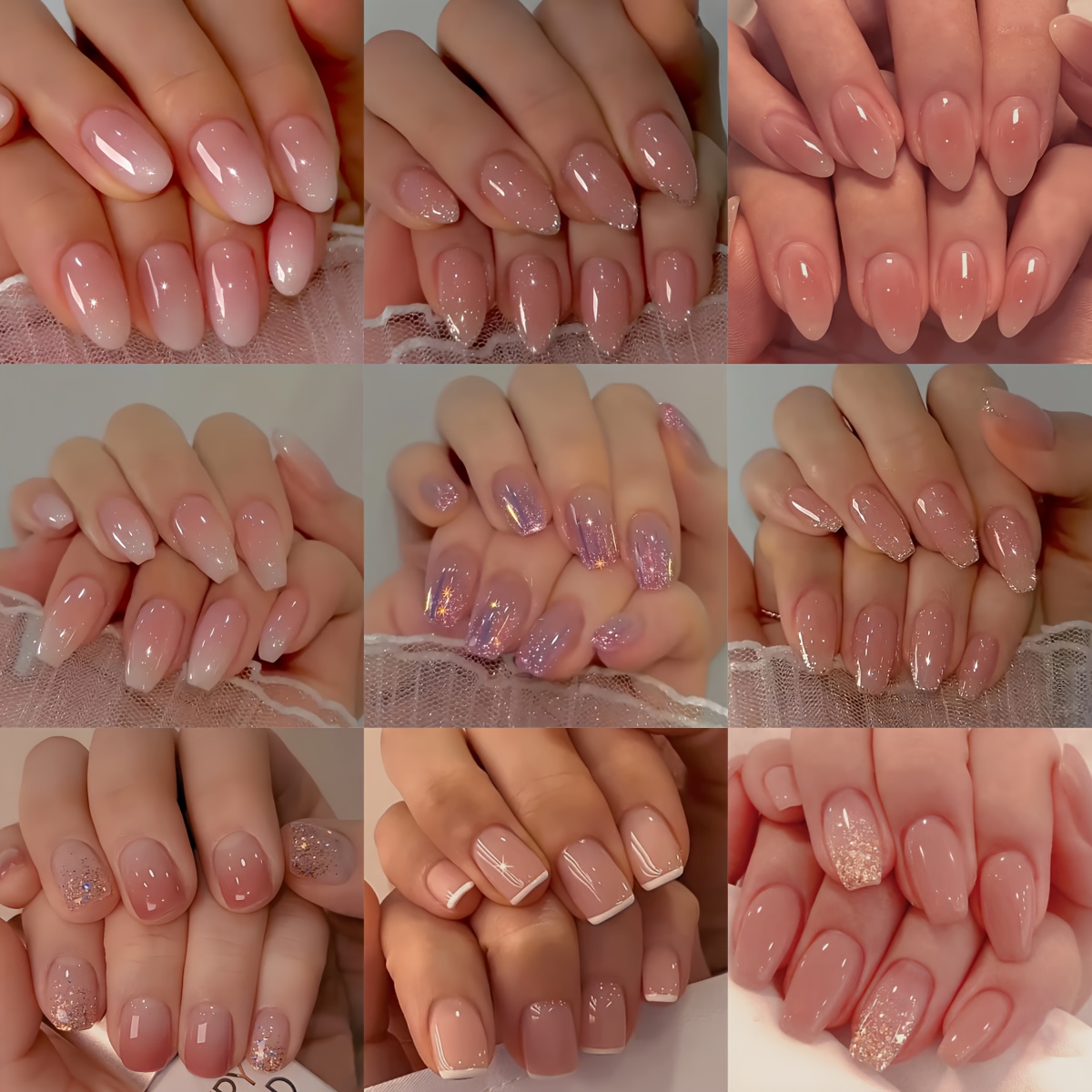 E-shop 216 Stück Kurze Mandel Nagel, Ballerina Nagel, Quadratische Nagel Kombi Set, Tägliche Einfache Farbverlauf Schimmernde Nagelspitzen, Farbverlauf