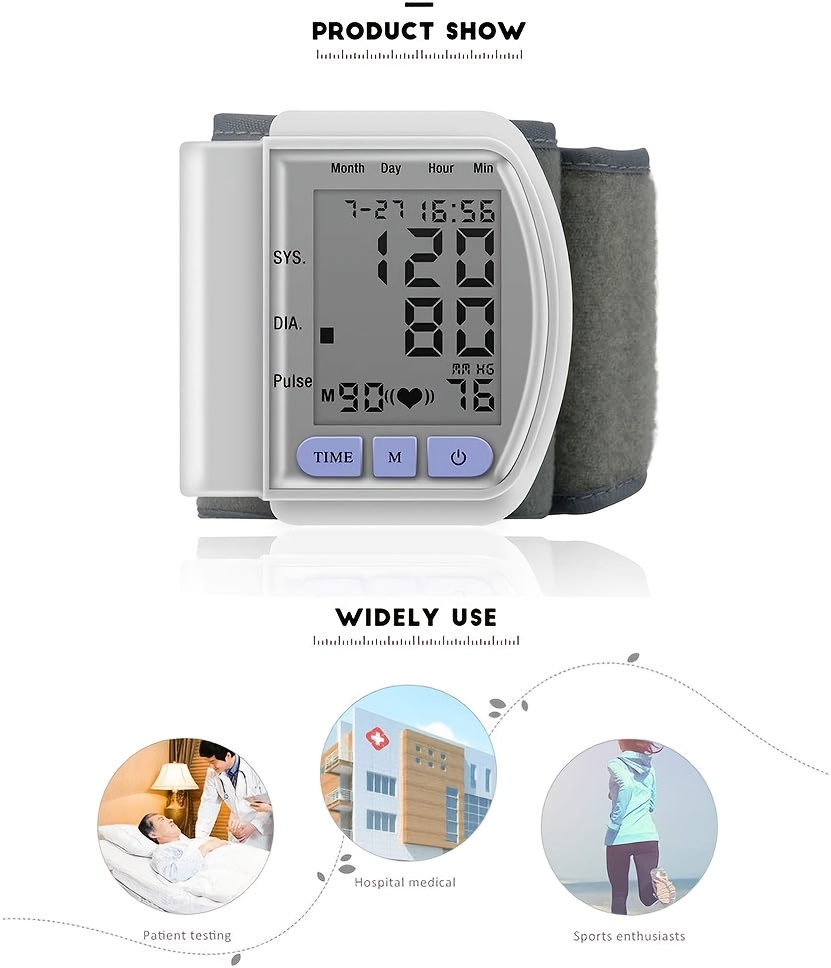   kun automatic wrist blood pressure monitor digital sphygmomanometer with large lcd display adjustable strap battery powered easy to read heart rate and memory storage features no   Product details 1