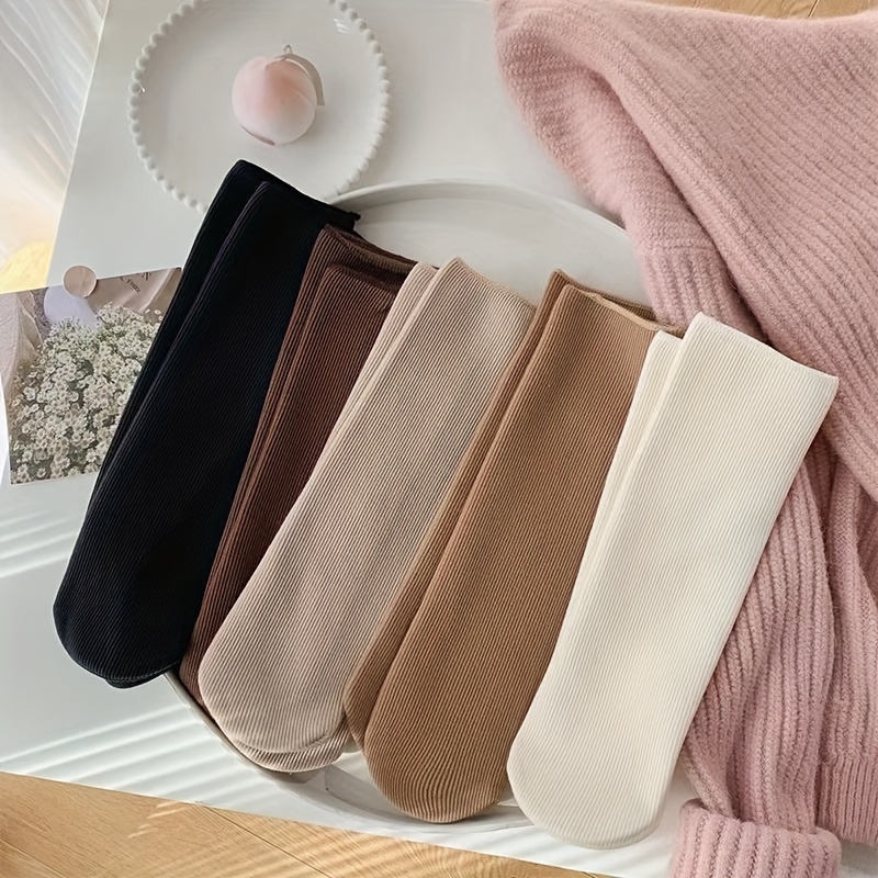 

5pcs Women's Cozy Snow Socks - Solid Color, Fall & Winter, Polyester