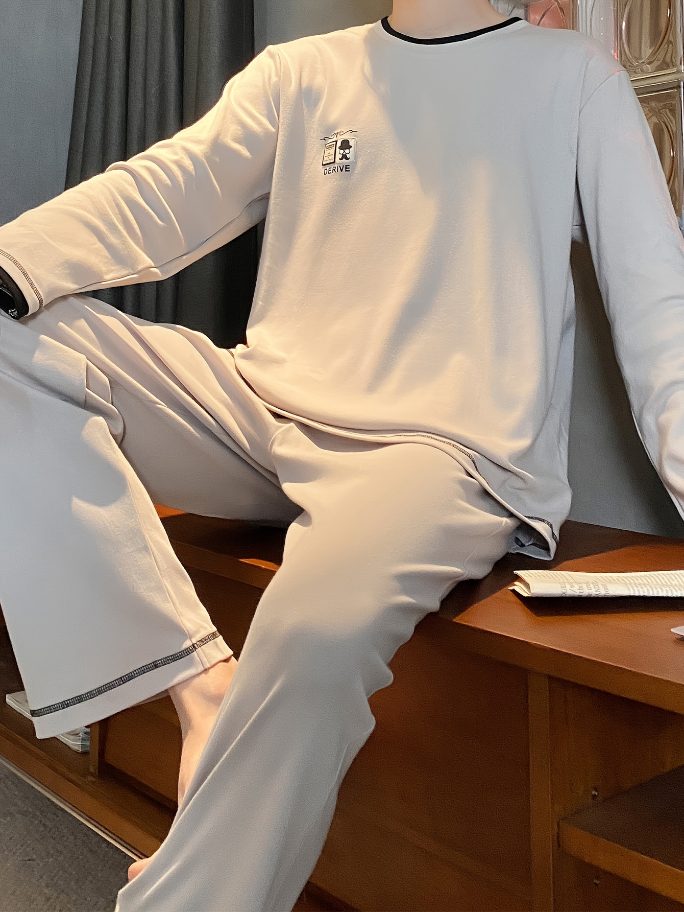 Men's Premium Cotton Pajama Set - Casual Long Sleeve & Pants with Pockets, Breathable Loungewear for Spring/Fall