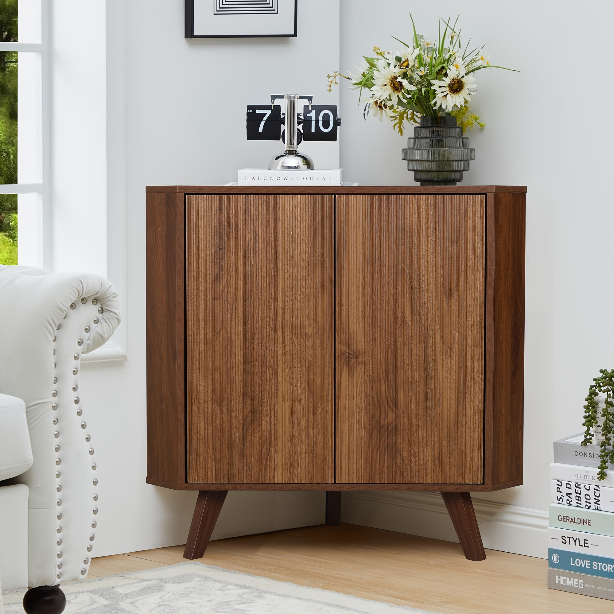 Fluted Floor Corner Cabinet, Small Corner Floor Cabinet With Adjustable Shelve, Freestanding Narrow Cabinets Organizer For Living Room Kitchen Bathroom, Walnut