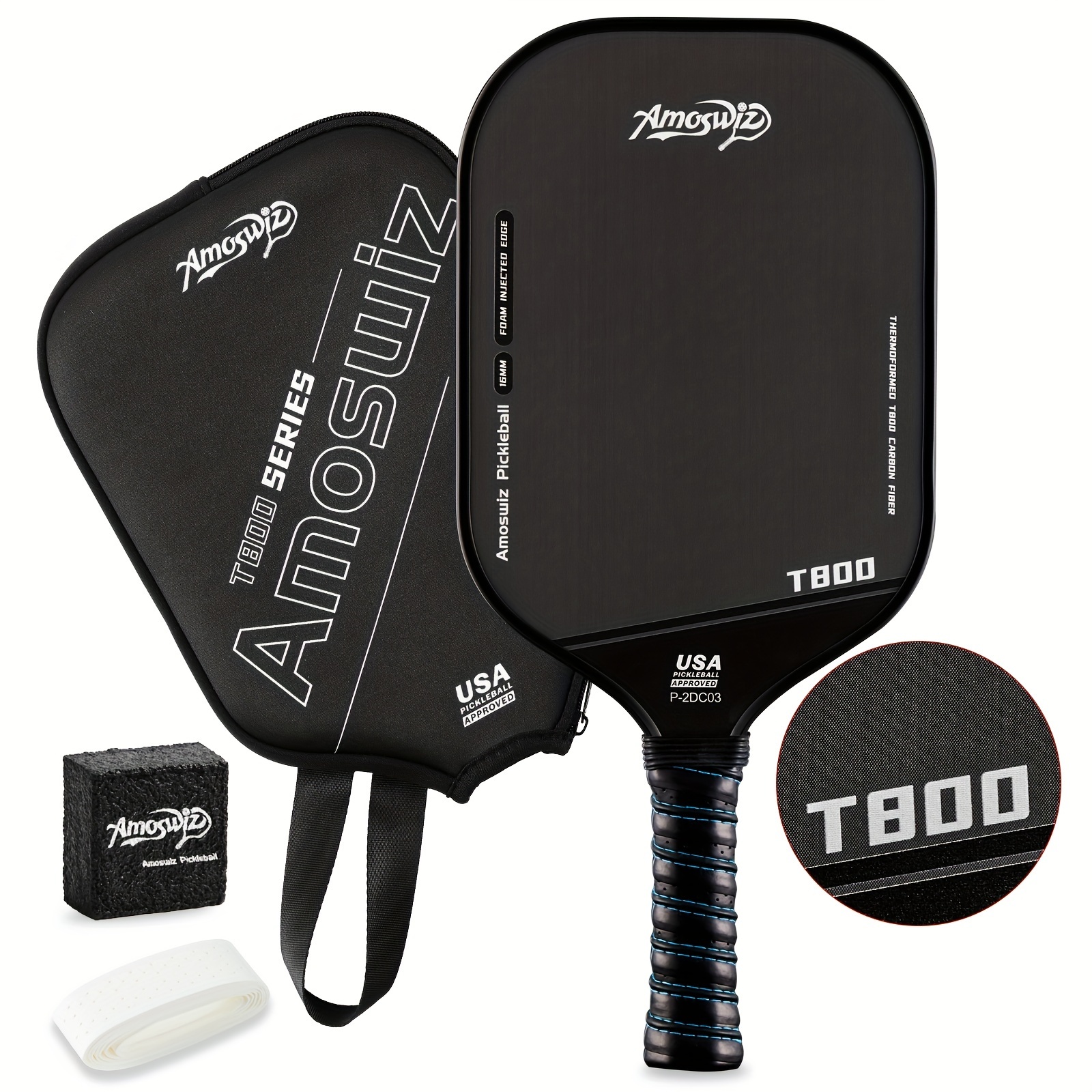 TEMU Amoswiz Carbon Fiber Pickleball Paddle - 16mm, Thermoformed For Spin & Power, Includes Cover & Eraser - Perfect Gift For