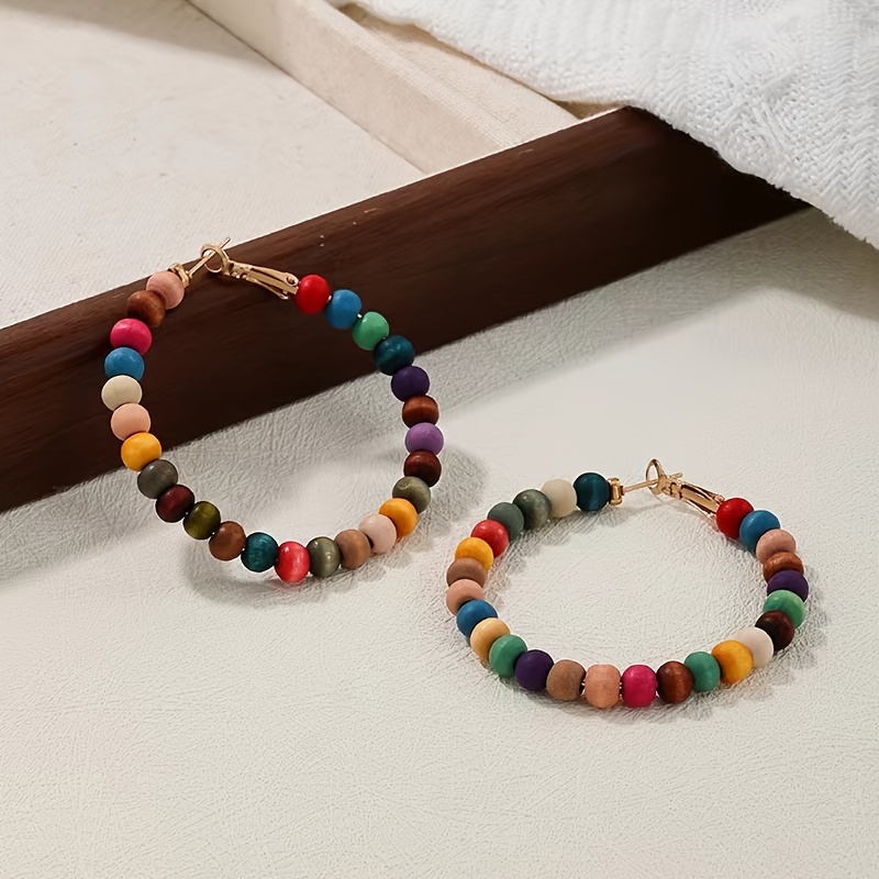

Delicate Colorful Wooden Beads Design Hoop Earrings Vintage Bohemian Style Suitable For Women Summer Beach Ear Ornaments