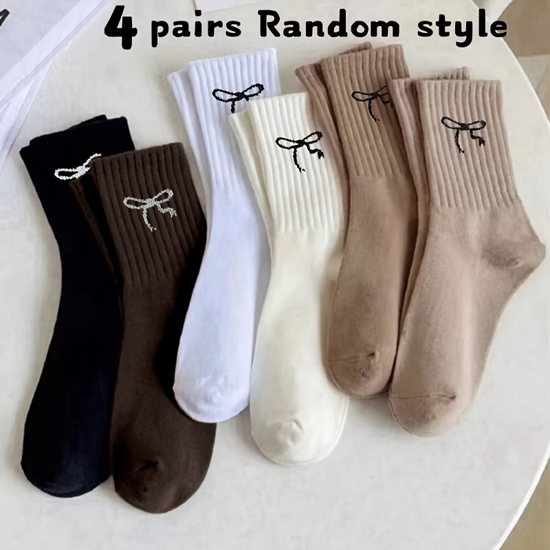 TEMU 4 Pairs Random Women's New Solid Color Bow Pattern Mid-calf Socks For , Soft, Comfortable And Versatile