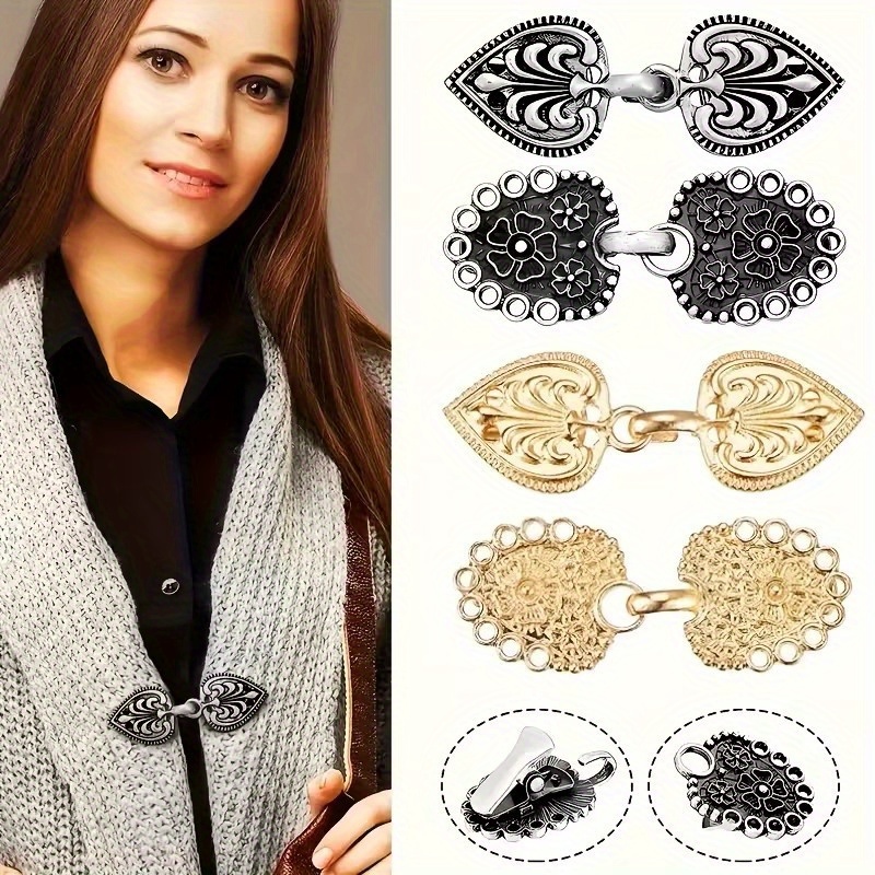 4pcs Set Of Sweater Clips, Vintage Shawl Clips, Cape Fasteners, Vest Clips, Used For Tightening Sweater Buttons And , Suitable For Women's Clothing Shirts As Waist Cinching Clips