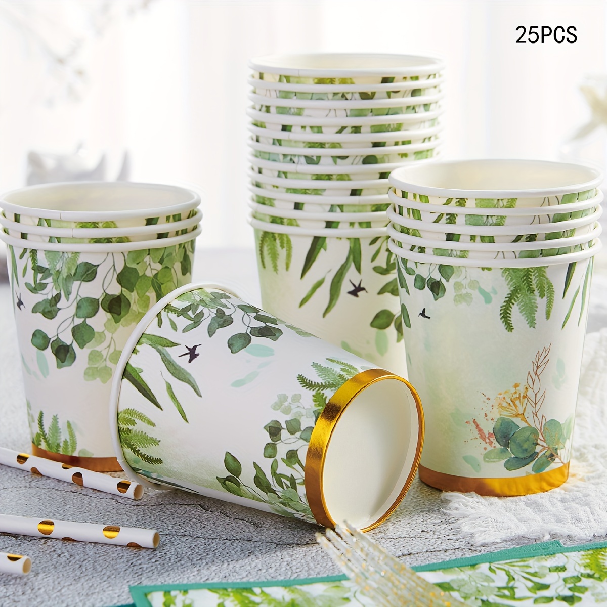 Image of 9oz Botanical Green Leaf Paper Cups, Sage Green Leaf Party Paper Cups, Green Leaf Bridal Shower Cups, Eucalyptus Shower Decorations And Sage Green Birthday Decorations Disposable Paper Cups