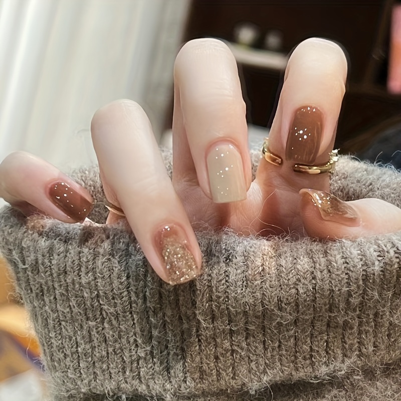 

Brown Gradient Glitter Nail Tips - Short Square Shape, Glossy Finish, Removable Press-on Nails For Autumn/winter