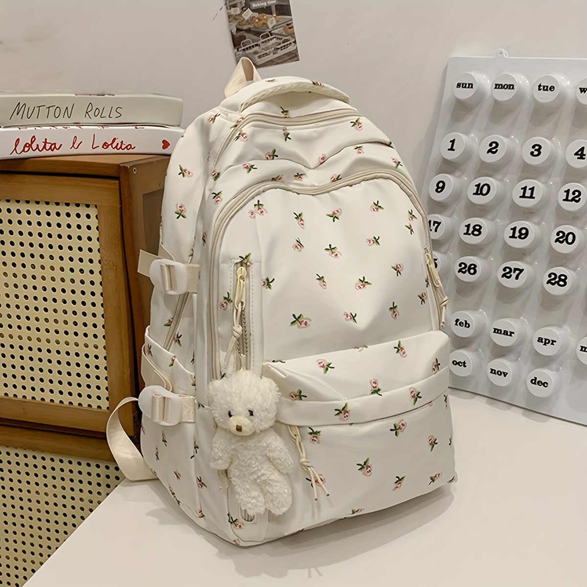 fashion printed rose ladies backpack multi compartment and pockets thick and sturdy student backpack with teddy bear pendant decoration large capacity details 5
