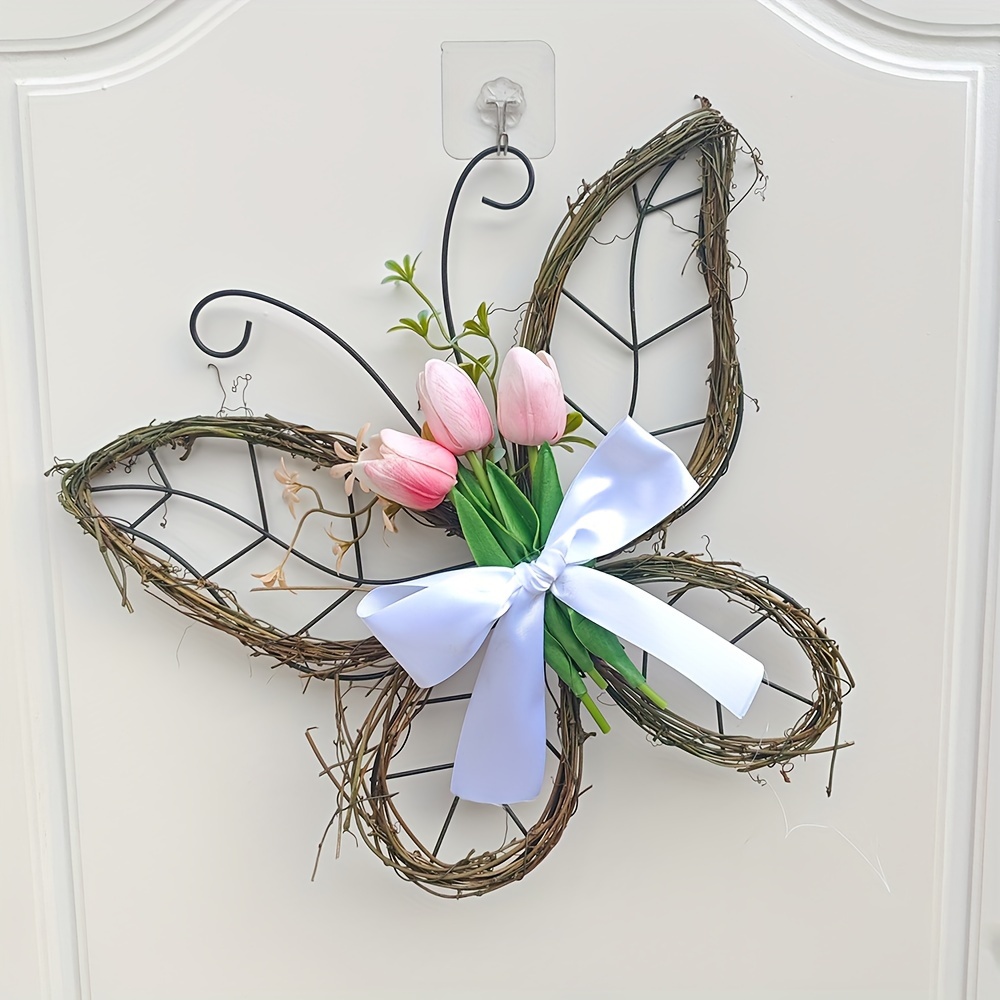 

1pc, Tulip Wreath, Mother's Day Wreath, Spring Wreath, Butterfly Wreath, For Front Door Decoration, Spring Door Wreath, Spring Farmhouse Wreath, Spring, Butterfly, Spring Decoration, Wreath