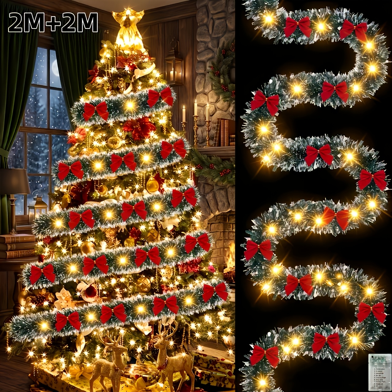 TEMU Guirlande de Noël à 8 de clignotement avec , alimentée par piles, fil blanc chaud, ruban en feuille torsadée verte, nœuds rouges pour sapin de