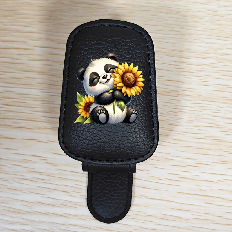 TEMU 1 pz Clip per occhiali da auto Panda , Portaocchiali per parasole, Portaocchiali e porta biglietti/carte in pelle PU, Facile da installare,