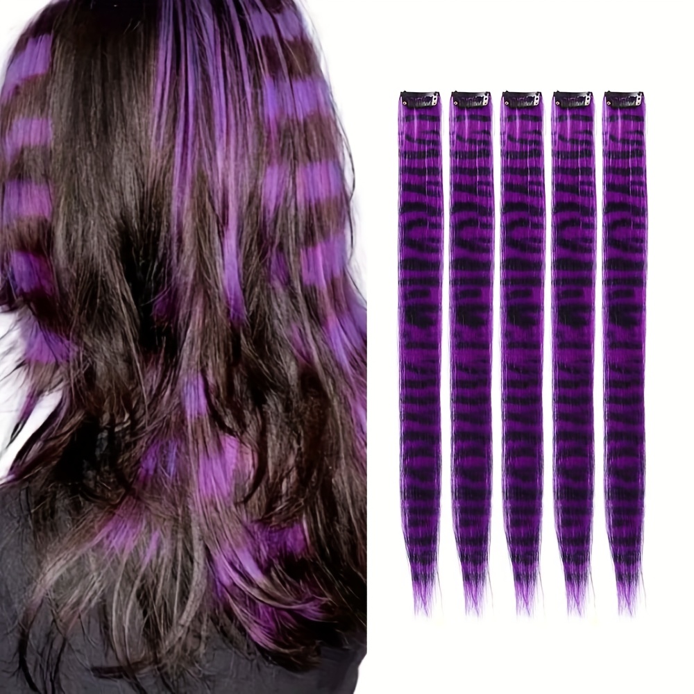 TEMU 5pcs Invisible Hair Clip-in Extensions, Colorful Synthetic Striped Clip-in Hair Extensions, Heat-resistant Synthetic Hair Extensions, Natural
