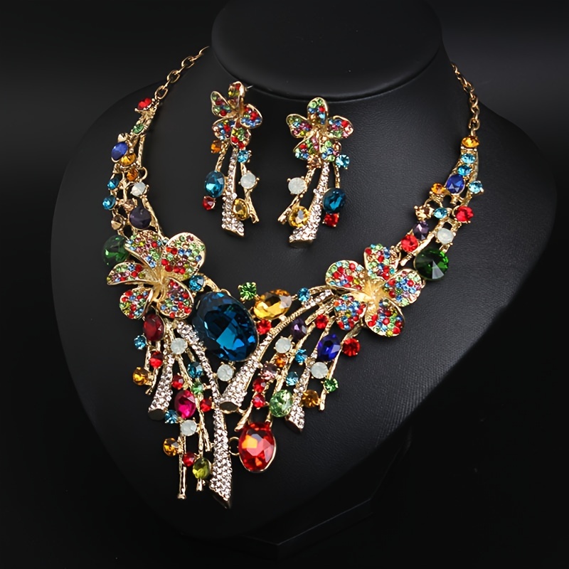 

Boho-chic 3-piece Jewelry Set With Colorful Crystal Flower Necklace And Earrings - Perfect For Parties & Gifts, All-season Zinc Alloy Boho Jewelry For Women Boho Jewelry