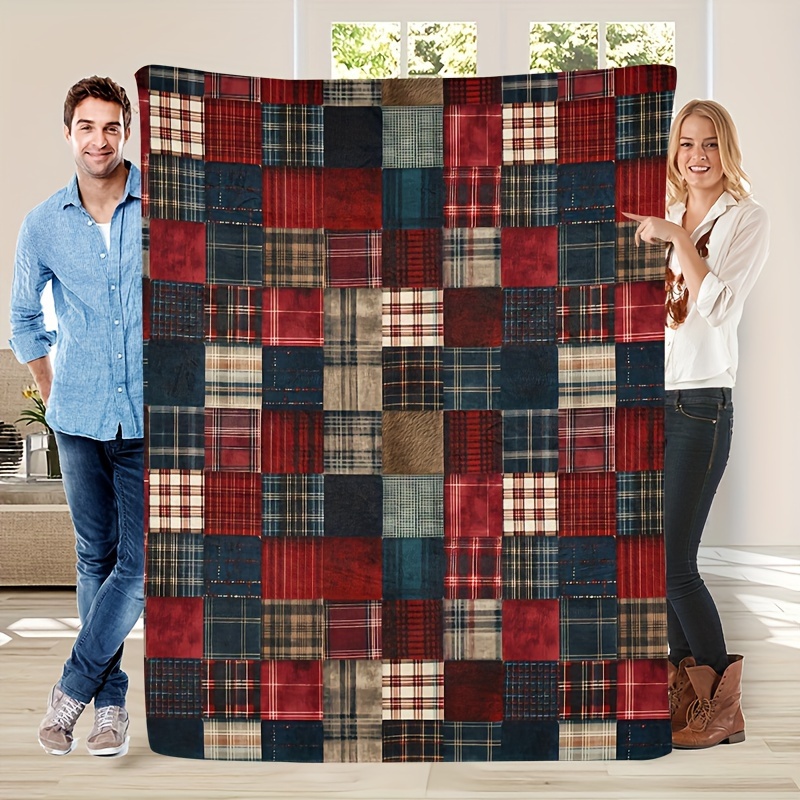 

1pc Cozy Vintage Flannel Blanket - Soft, Warm, And Tear-resistant For Sofa, Bed, Office, Or Travel - Perfect Birthday Gift With , Blue, And White Patchwork Design