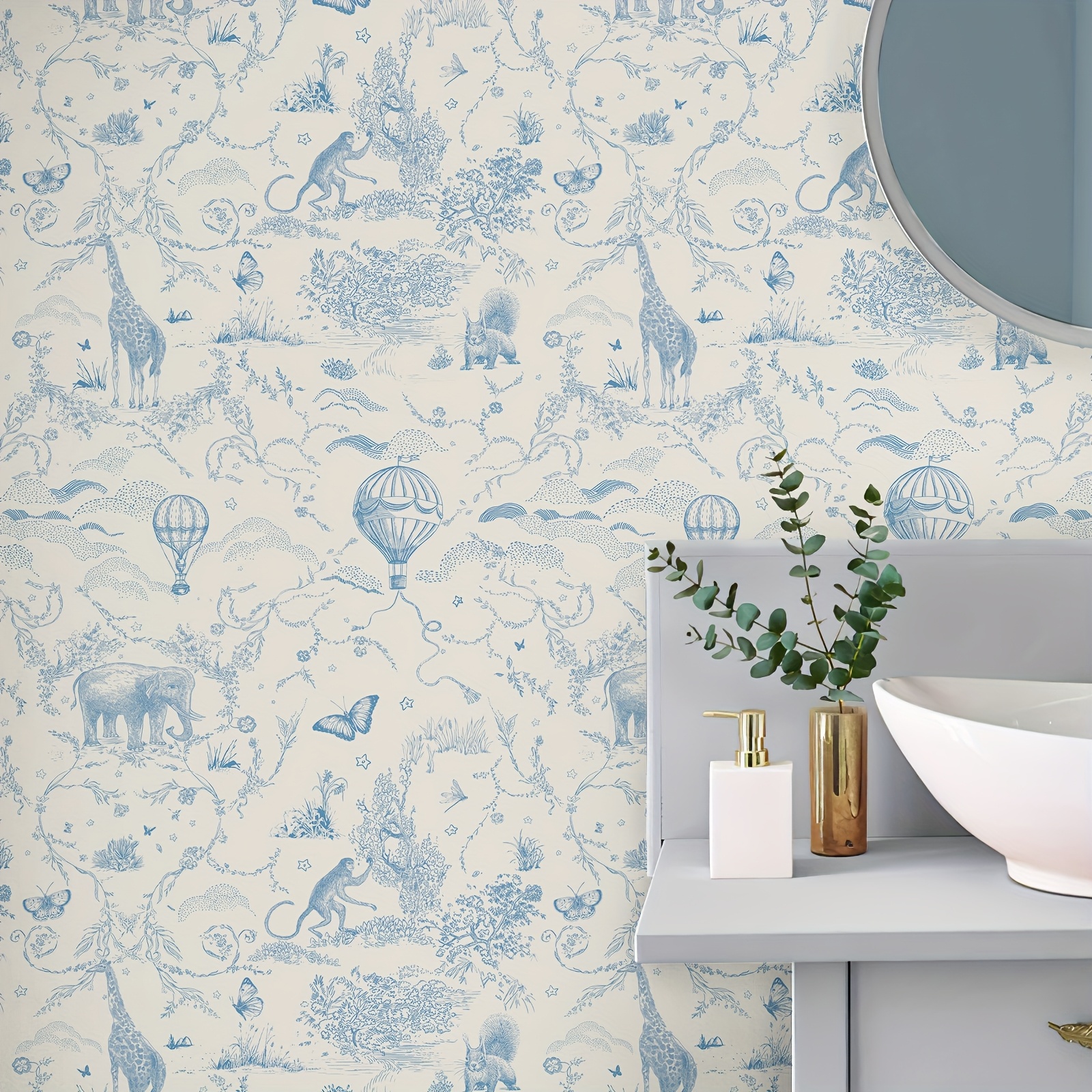 Image of 1 Roll Jungle Self-adhesive Wallpaper, Waterproof & Oilproof Classic Elephant And Giraffe Wall Decals For Bedroom, Living Room, Kitchen, Furniture Cabinet, Hot Air Balloon Stickers