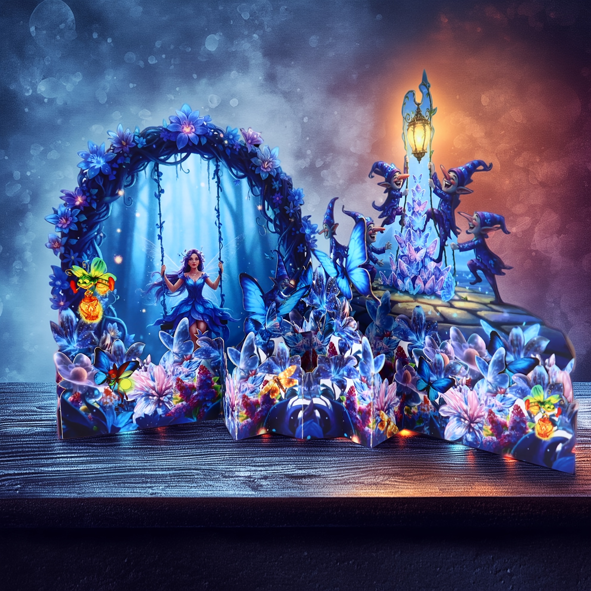 TEMU A 3d Greeting Card Featuring A, Suitable For Birthdays, Valentine's Day, And Anniversaries. It Showcases The 6 Little Fairies, With Blue Flowers And Butterflies