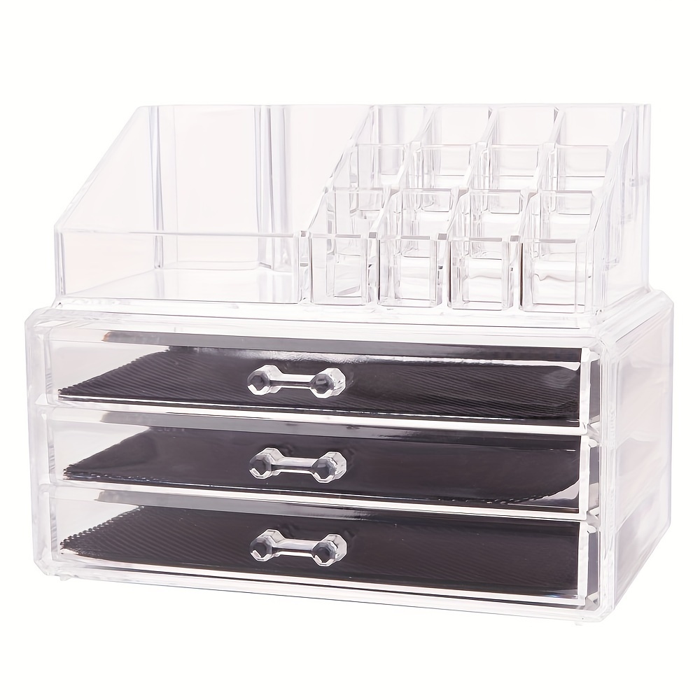 

Transparent Acrylic Makeup Storage Case, Home Use Space-saving Rectangular Compartments & 3-layer Drawers Integrated Plastic Makeup Case