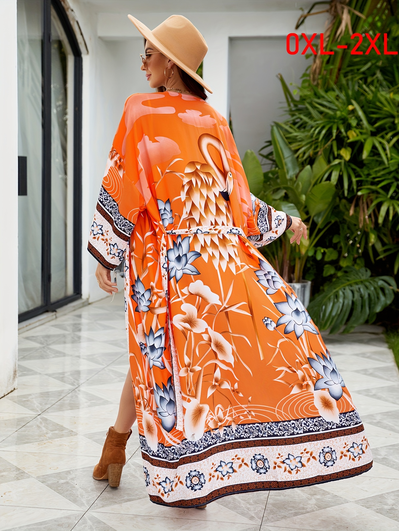 womens plus size boho kimono cardigan orange crane floral Temu