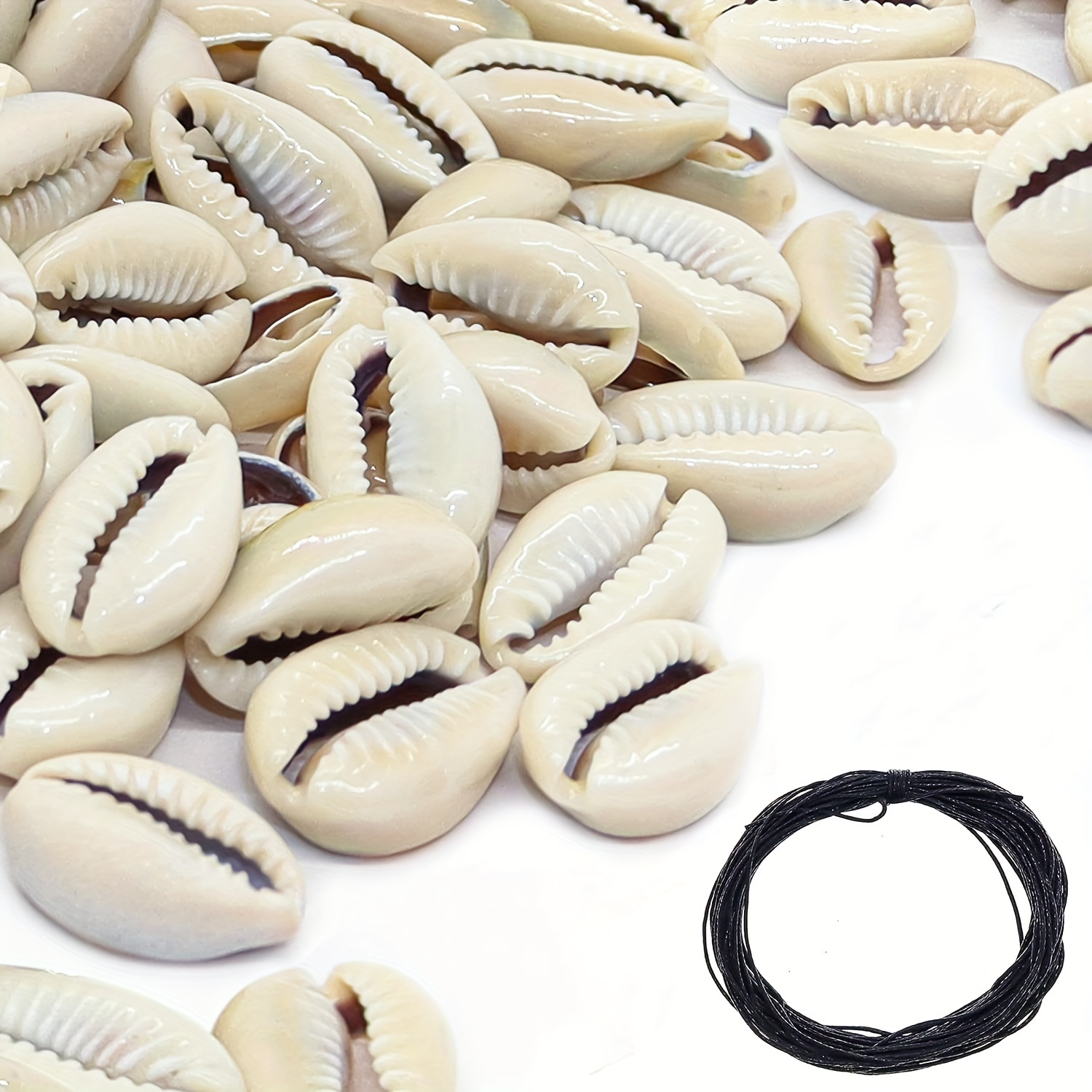 

100pcs Smooth-cut Natural Cowrie Shell Beads, 0.71-0.83" - Perfect For Diy Jewelry Making & Home Decor, Includes 15m Wax Cord