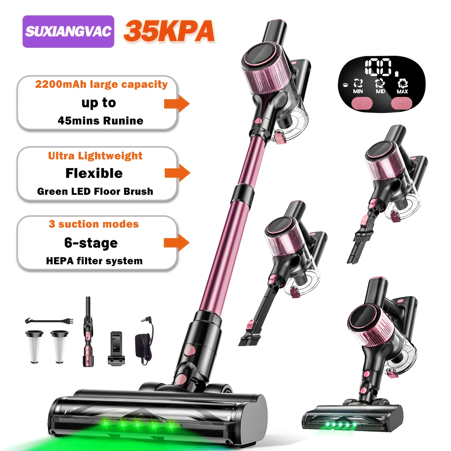 TEMU Cordless Vacuum Cleaner, 35kpa Powerful Suction Stick Vacuum With Led Display, 3 Modes Suction, Anti- & 1.5l Dust Cup, Lightweight Vacuum For