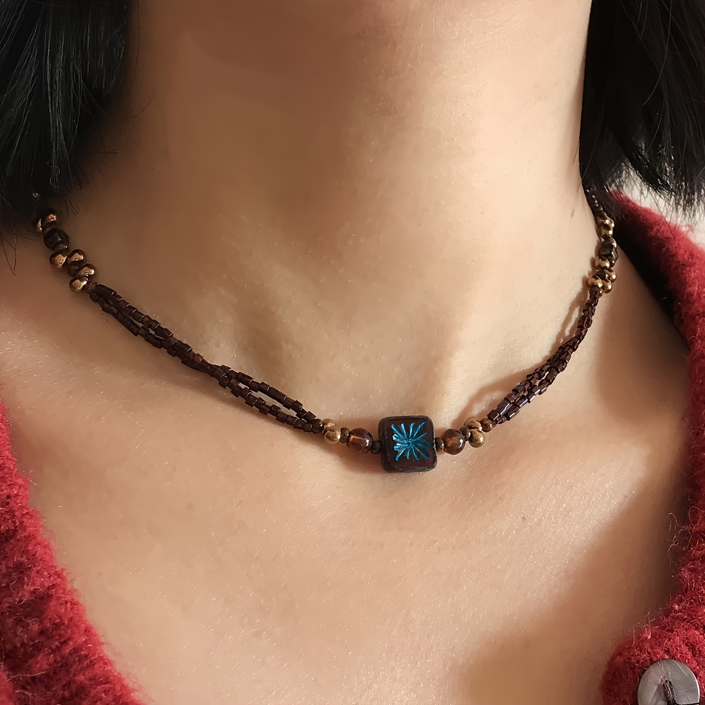 TEMU A Burgundy Brown Geometric Bead Necklace D98