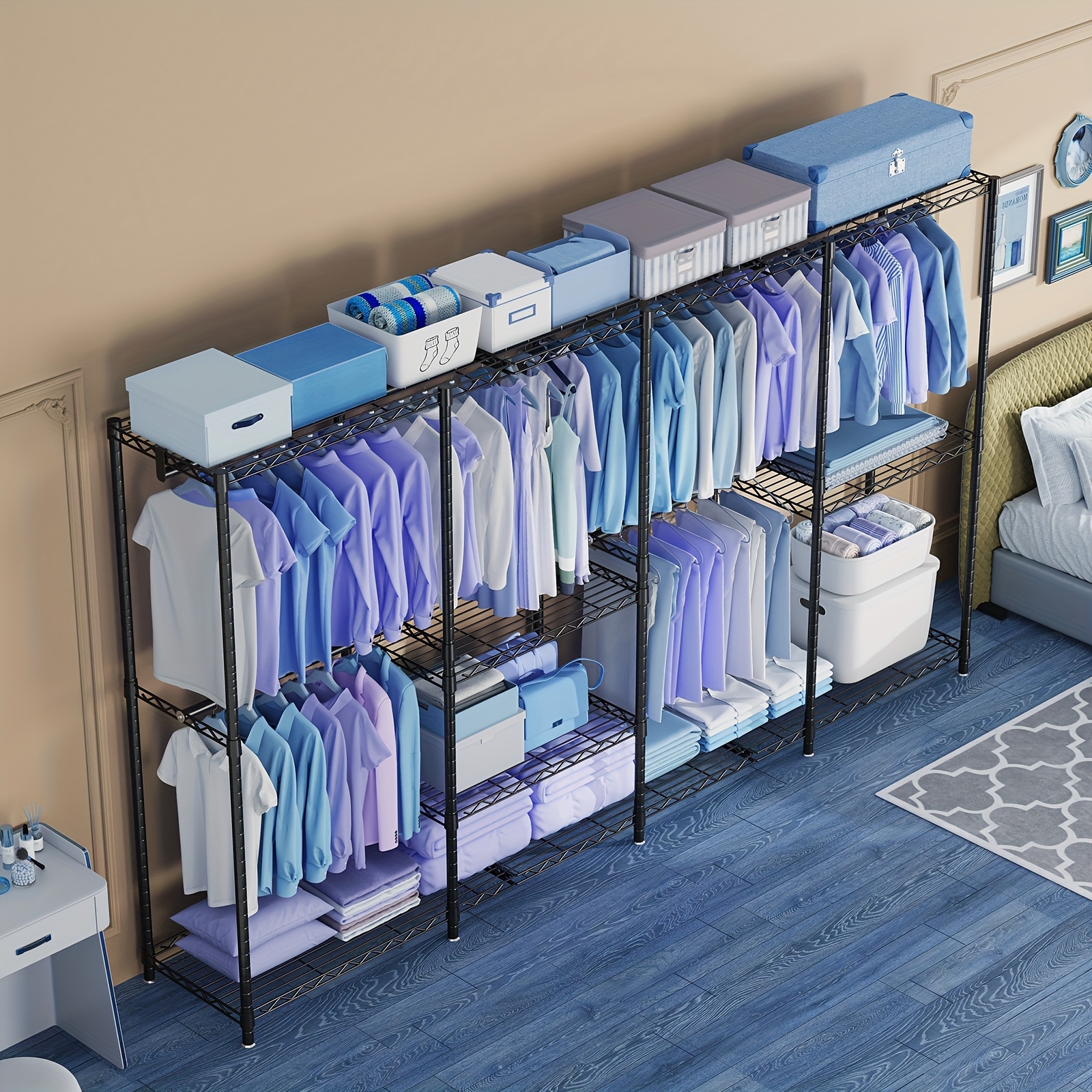 TEMU Extra Large Heavy Duty Clothes Rack, 2 Hanging Rods, 11 Dividers, 4 Installation, 1100lb Load Capacity, Size 77"w X 17.7"d X 77"h, Free Standing Metal Wardrobe