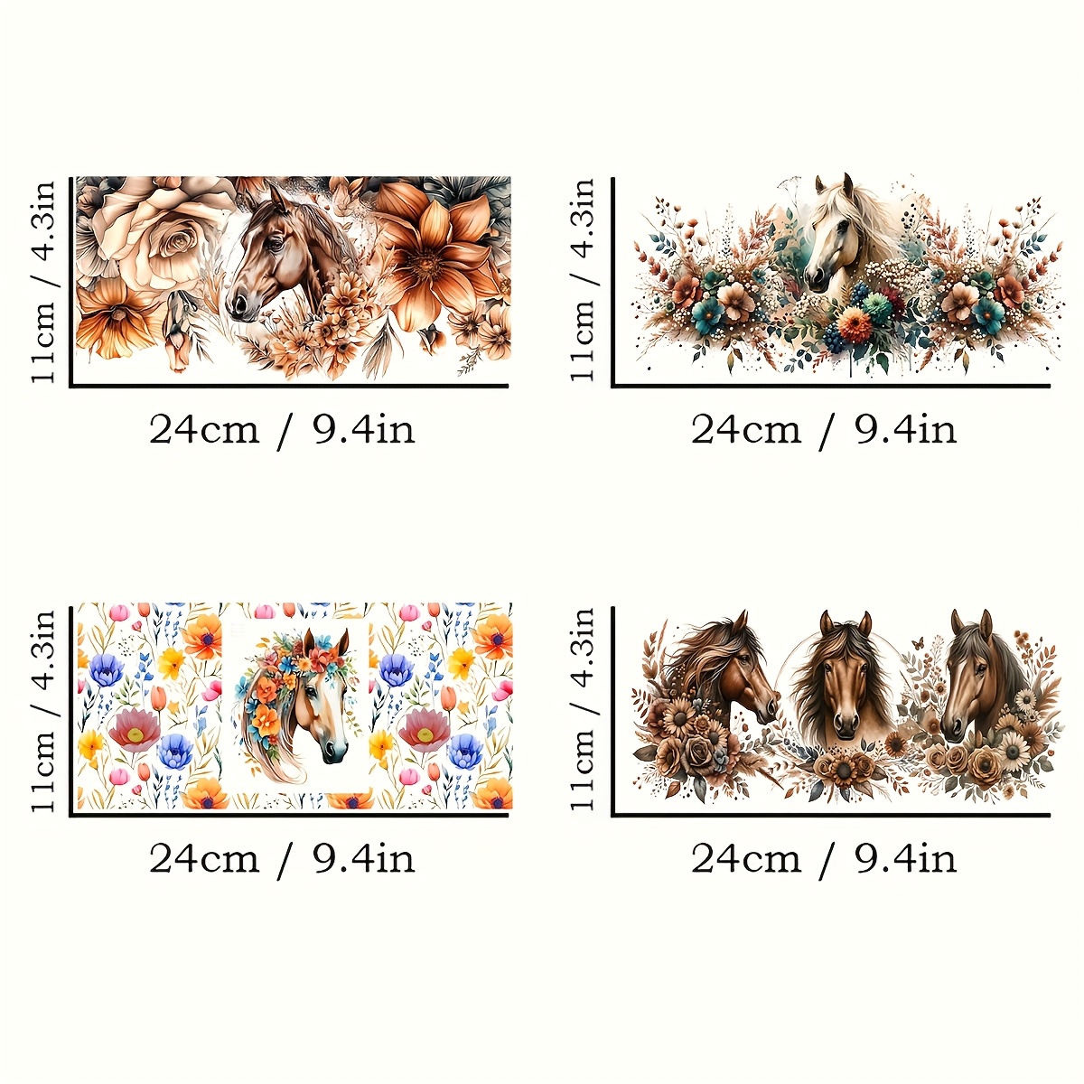 Image of 4pcs Set Horse-themed Uv Dtf Self-adhesive Plastic Cup Transfer Paper, Waterproof Scratch-resistant 3d Crystal For Glass Cups And Bottles - High- And Floral Decorative