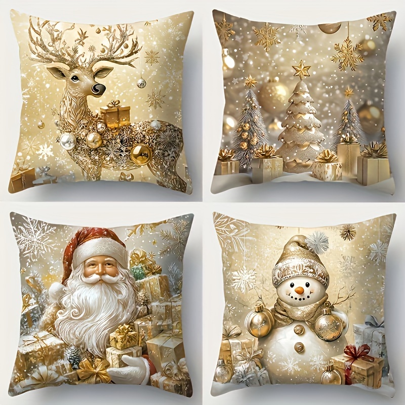 TEMU 4-pack Christmas Pillow Covers, 18x18 , , Contemporary Style, Printed With Reindeer, , Snowman, And Christmas Tree, Zippered, Washable, Stain-, For Home//car/sofa Decor