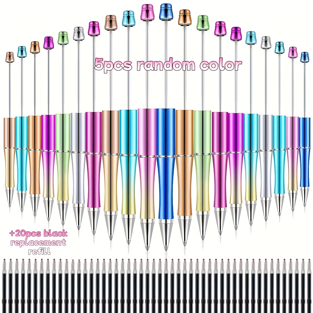 Image of 25pcs (5diy Pen+20pcs Black Replacement Refill) Explosions Uv-plated Bright Shining Luxury Beaded Ballpoint Pen Focus Beads Pen Suitable For To Send Gifts To Party Random Color
