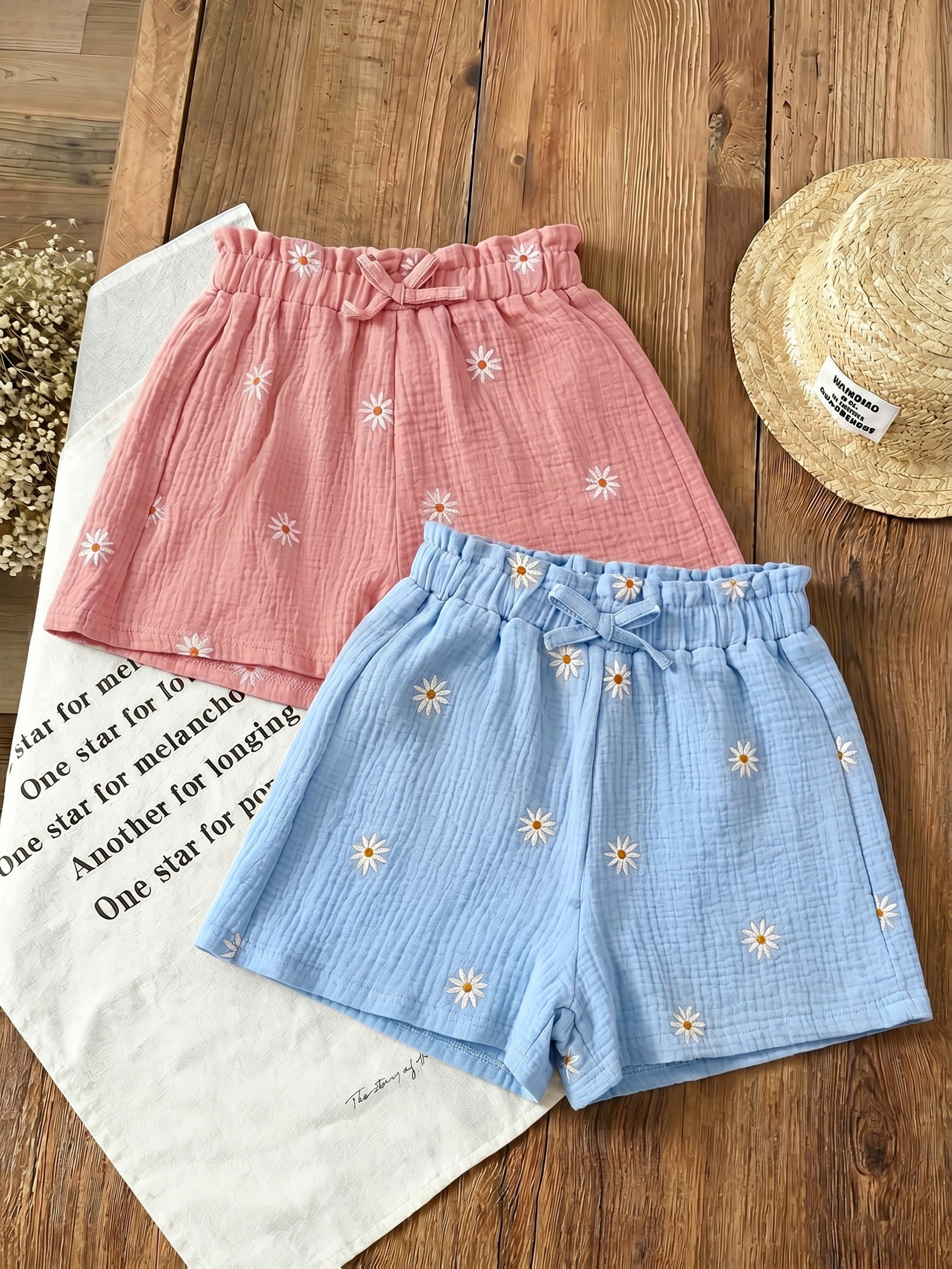 mädchen-shorts-set aus 100 %   baumwolle, 2-teilig, sommer-einfarbiges shorts-set für teenager-mädchen mit elastischem bund, doppellagiger kreppstoff, bequem atmungsaktiv mit süßem schleifen-verziertem bund, kleines gänseblümchenmuster, sommerferien-stil, für schulkleidung zuhause,  