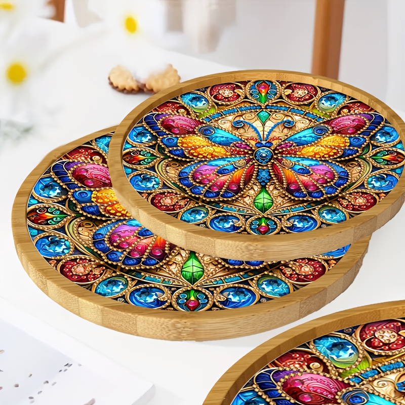 

1pc Exquisite Butterfly Diamond Painting Tray, Diy Special Shaped Diamond Inlay Artwork, Bamboo Serving Platter Craft, Acrylic Irregular Drill Design, Home Decor, Party, Elegant Decoration