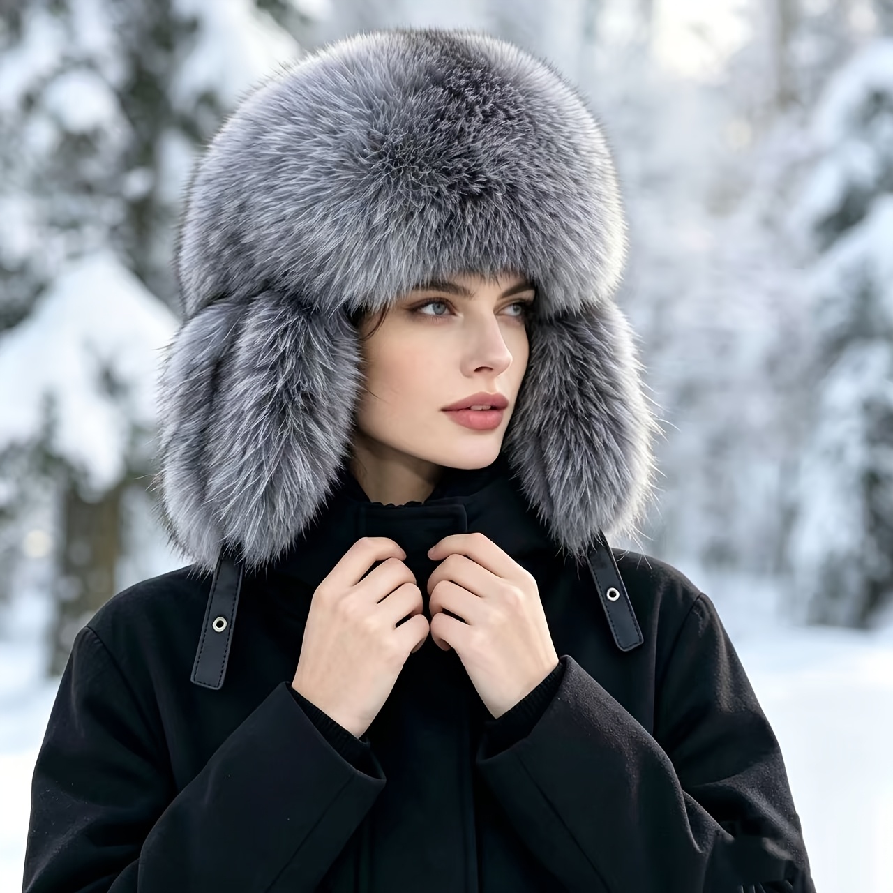 TEMU Women's Fluffy Warm Winter Ear-warming Ushanka Hat Thickened Cold-proof Plush Cap Suitable For Outdoor Daily Wear Warm Fluffy Ushanka Winter
